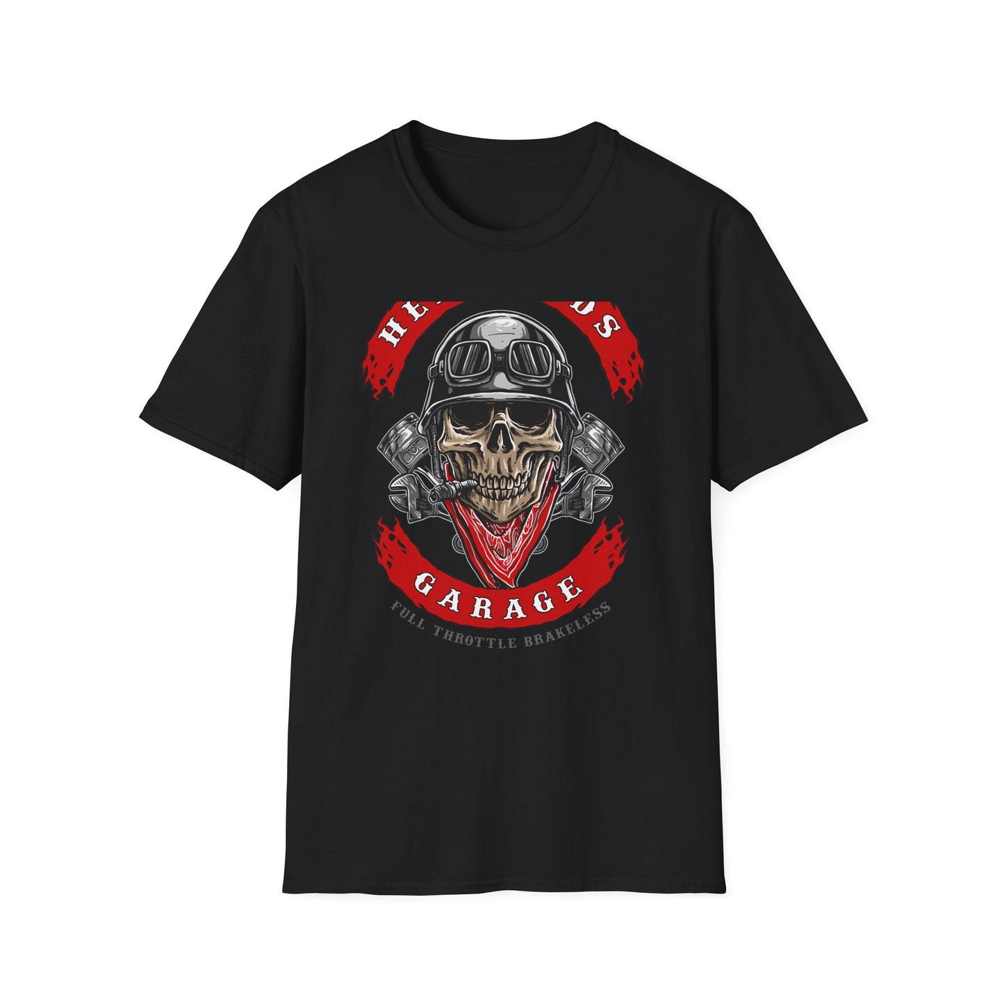 Epic Biker Skull T-Shirt: Hellroads Garage Full Throttle Design - Vintage Mechanic & Hot Rod Tee
