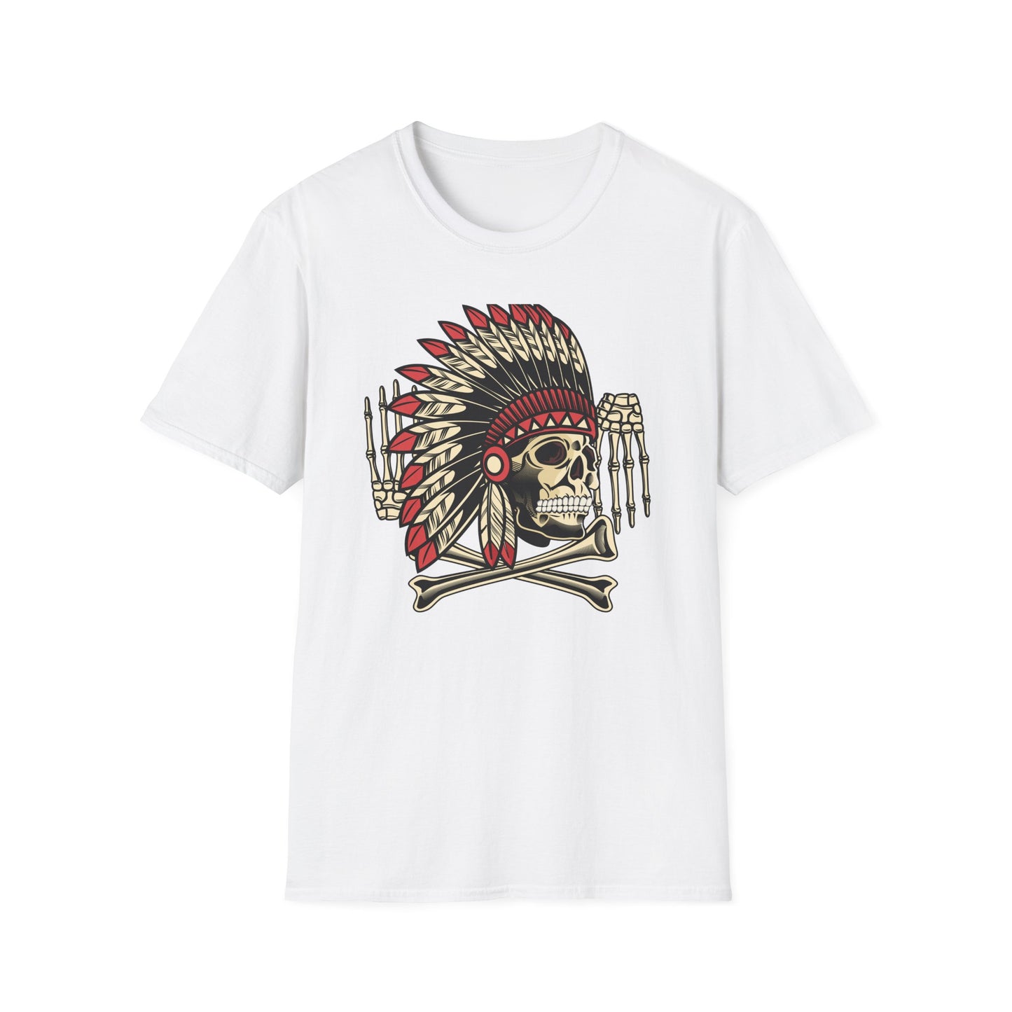 Striking Native Chief Skull Headdress T-Shirt - Unique Gothic Biker Tattoo Art Apparel for Rebel Souls