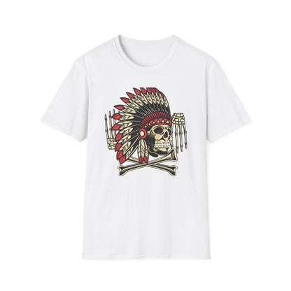 Striking Native Chief Skull Headdress T-Shirt - Unique Gothic Biker Tattoo Art Apparel for Rebel Souls