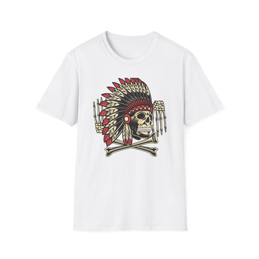 Striking Native Chief Skull Headdress T-Shirt - Unique Gothic Biker Tattoo Art Apparel for Rebel Souls