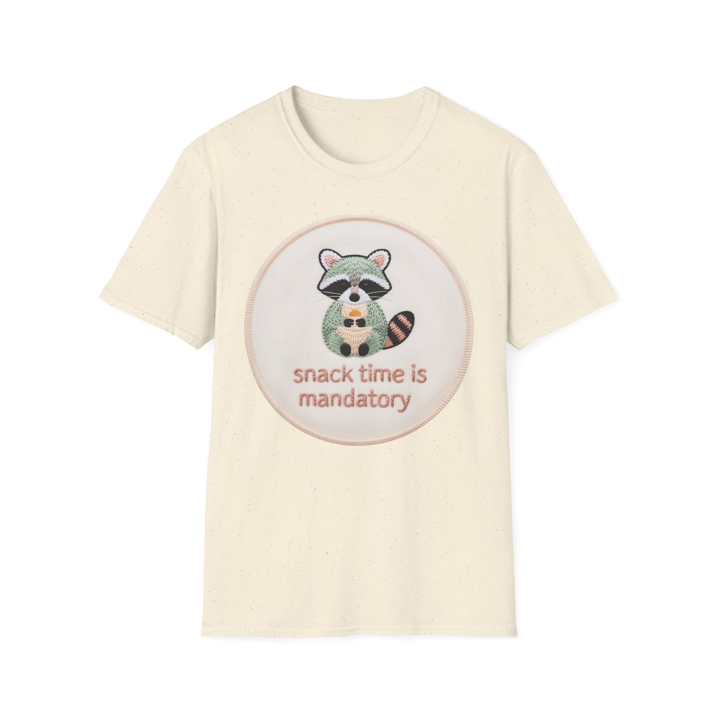 Charming Embroidered Raccoon T-Shirt - "Snack Time Is Mandatory" Cute Animal Lover & Foodie Tee