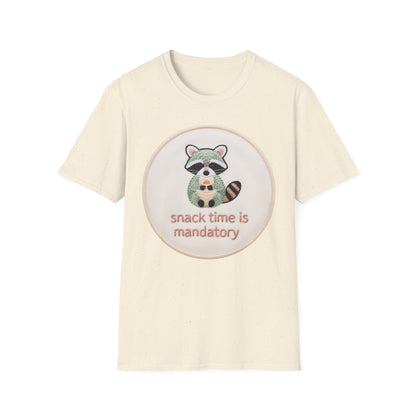 Charming Embroidered Raccoon T-Shirt - "Snack Time Is Mandatory" Cute Animal Lover & Foodie Tee