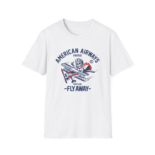 Vintage Skeleton Pilot Biplane T-Shirt - American Airways Fly Away Retro Aviation & Thrilling Thumbs Up Tee