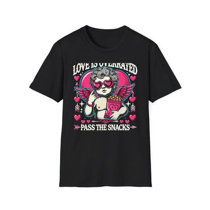 Hilarious 'Love Is Overrated Pass The Snacks' T-Shirt - Anti-Valentine's Day Cupid & Fries Tee. Perfect for Singles & Snack Lovers!