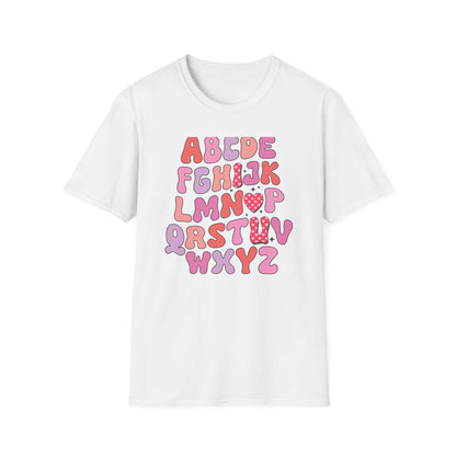 Vibrant Groovy Alphabet T-Shirt | Cute Heart Letter Retro Aesthetic Tee | Fun Teacher & Valentine's Day Gift