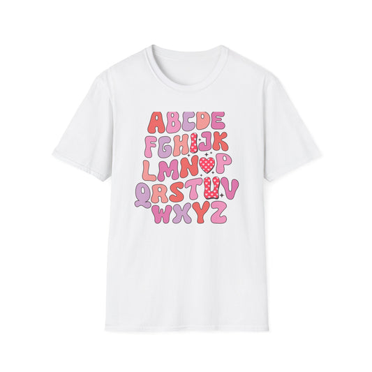 Vibrant Groovy Alphabet T-Shirt | Cute Heart Letter Retro Aesthetic Tee | Fun Teacher & Valentine's Day Gift