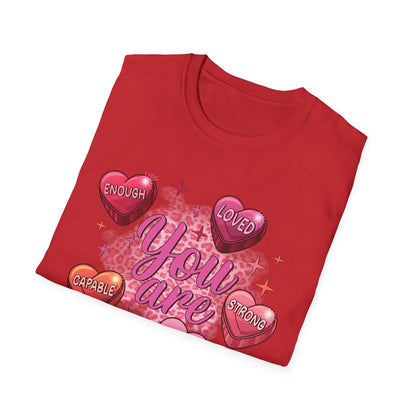 Empowering "You Are" Self-Love T-Shirt: Sweet Candy Heart Affirmations & Chic Leopard Print for Her