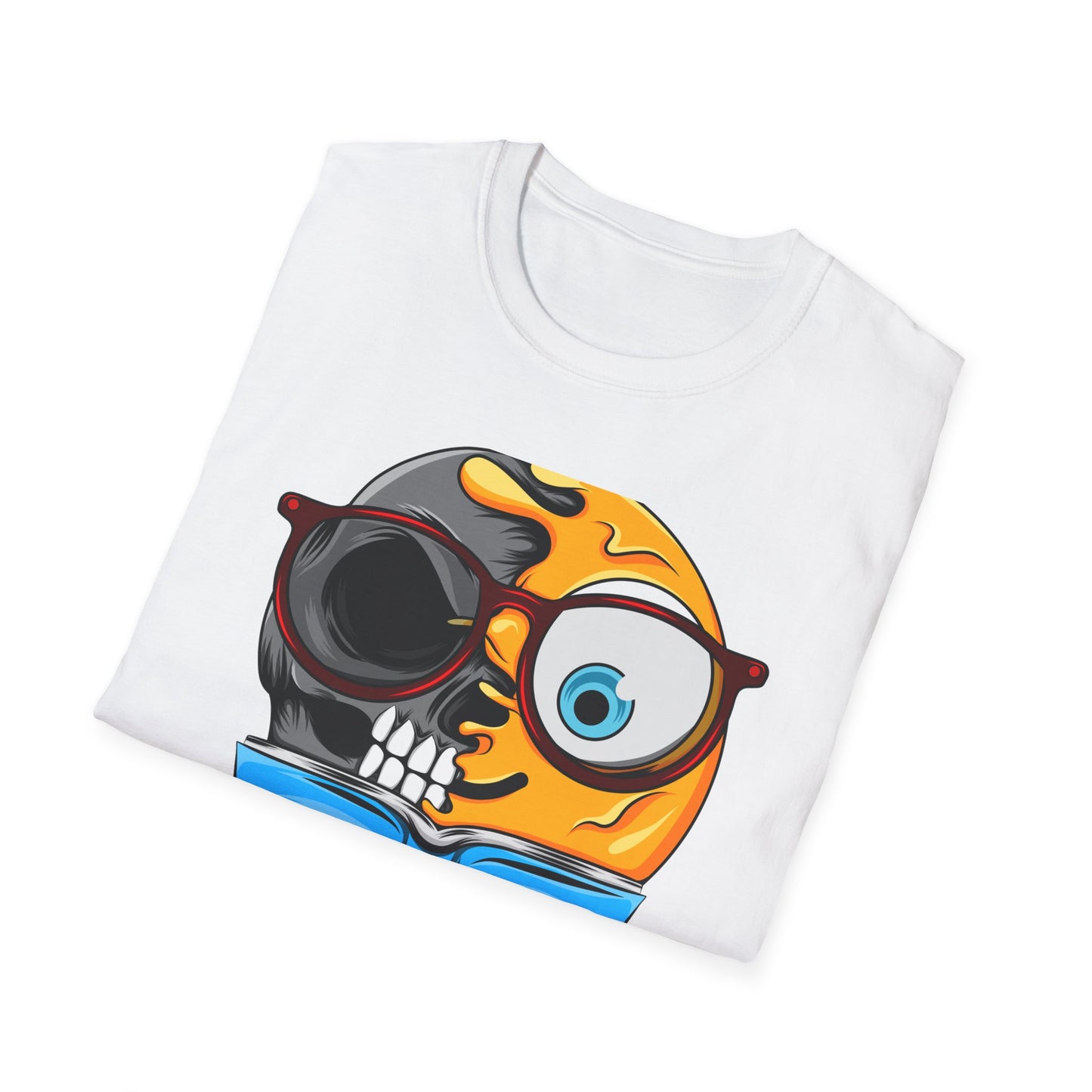 Clever Duality T-Shirt: Smart Skull & Emoji Bookworm Reader Tee for Unique Minds. Striking Graphic Top Gift.