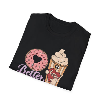Adorable 'Better Together' Donut & Coffee Love T-Shirt | Retro Vintage Sweet Treat Couple's Tee | Perfect Valentine's Gift