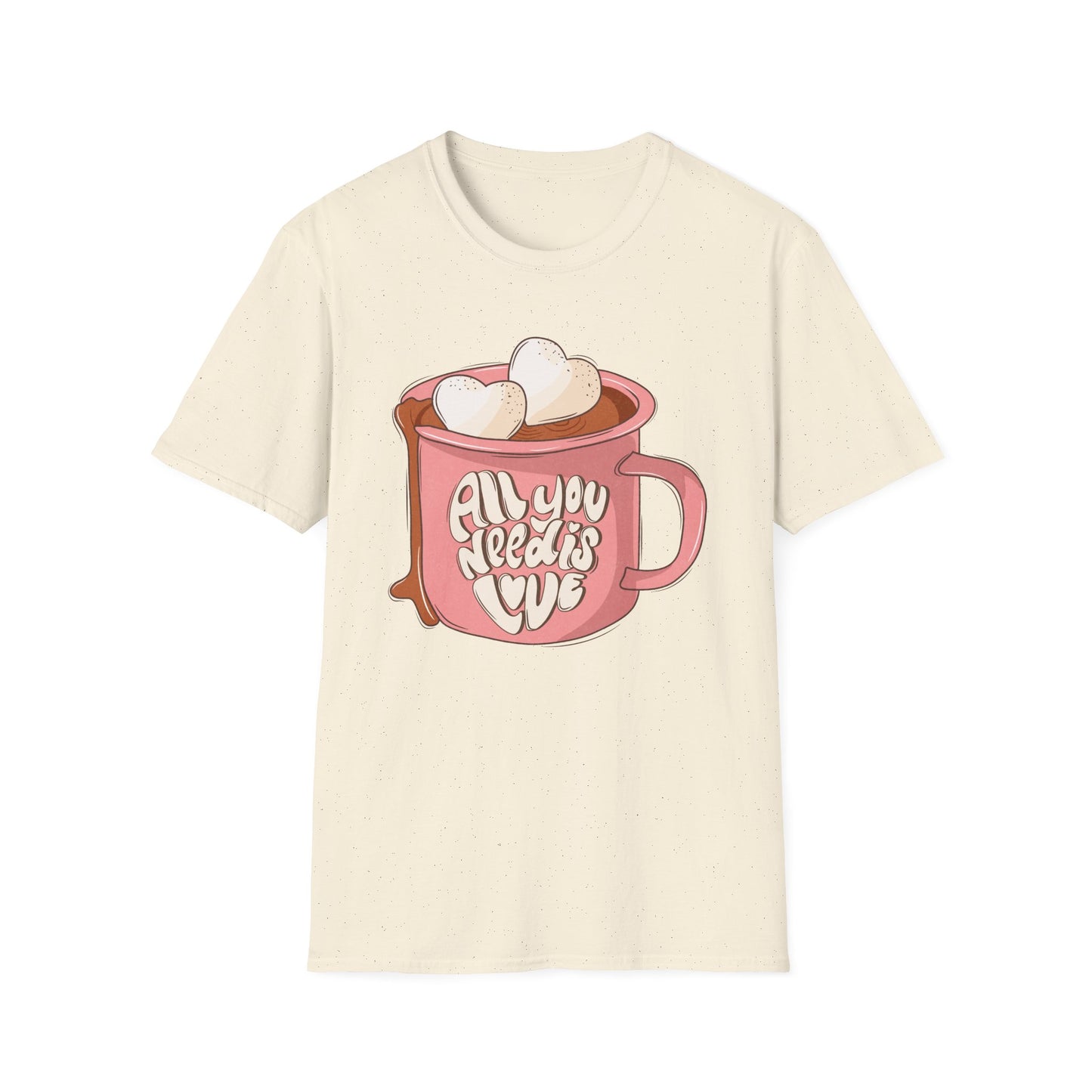 Sweet "All You Need Is Love" T-Shirt | Retro Hot Chocolate Mug with Heart Marshmallows | Adorable Valentine's Day & Cozy Love Tee