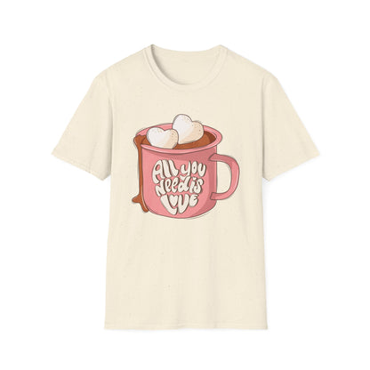 Sweet "All You Need Is Love" T-Shirt | Retro Hot Chocolate Mug with Heart Marshmallows | Adorable Valentine's Day & Cozy Love Tee