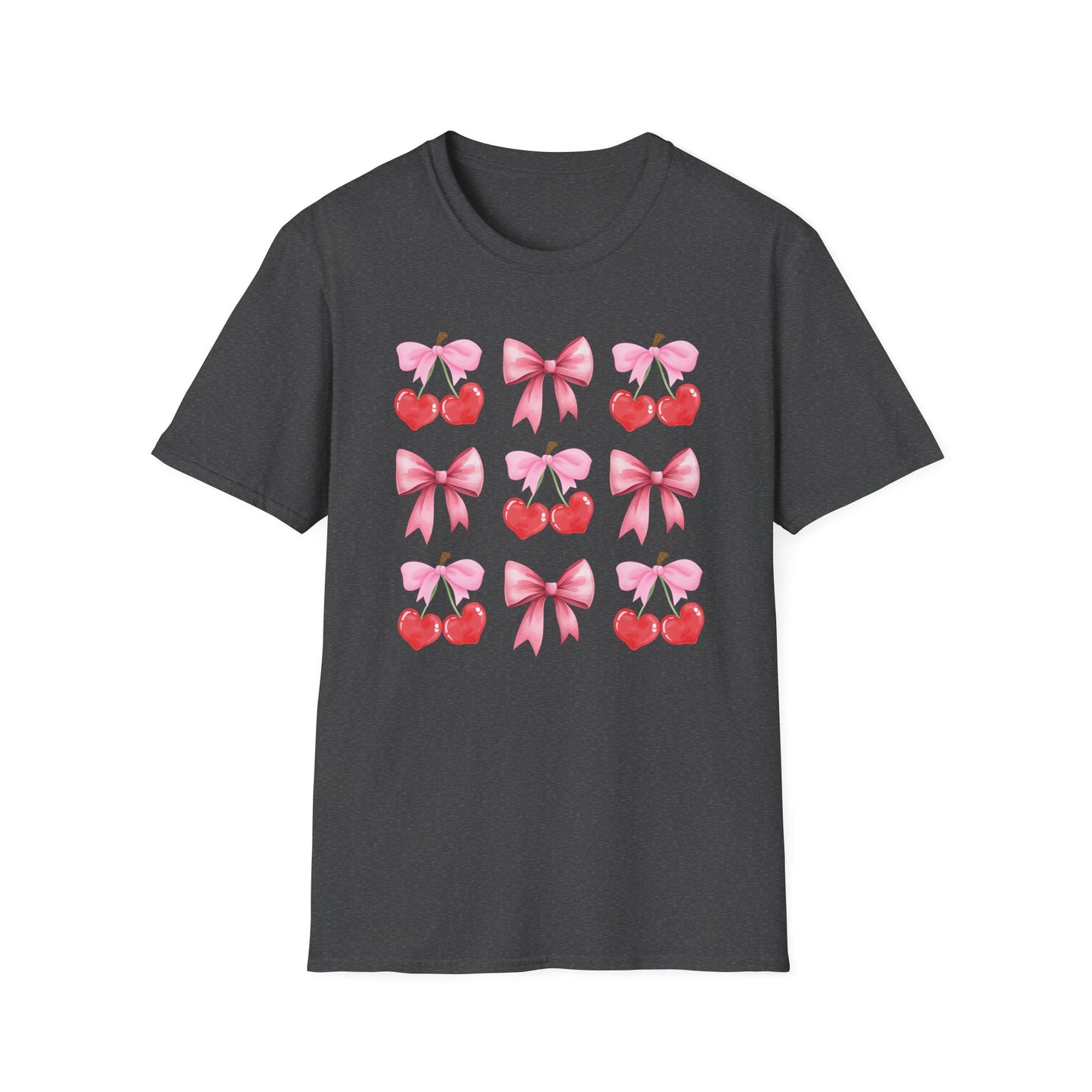 Delightful Pink Bow & Heart Cherry T-Shirt - Adorable Lovecore Aesthetic Tee for Her | Sweet Valentine's Gift