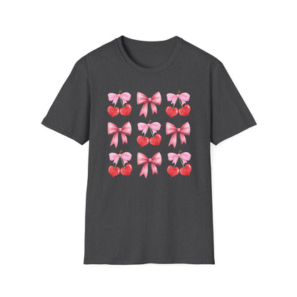 Delightful Pink Bow & Heart Cherry T-Shirt - Adorable Lovecore Aesthetic Tee for Her | Sweet Valentine's Gift