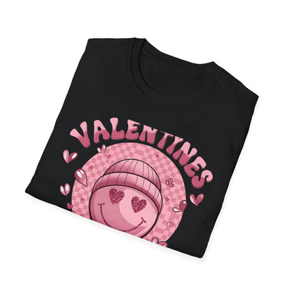 Sparkly Heart Eyes Smiley Valentines Vibes T-Shirt | Trendy Groovy Pink Love Tee for Her