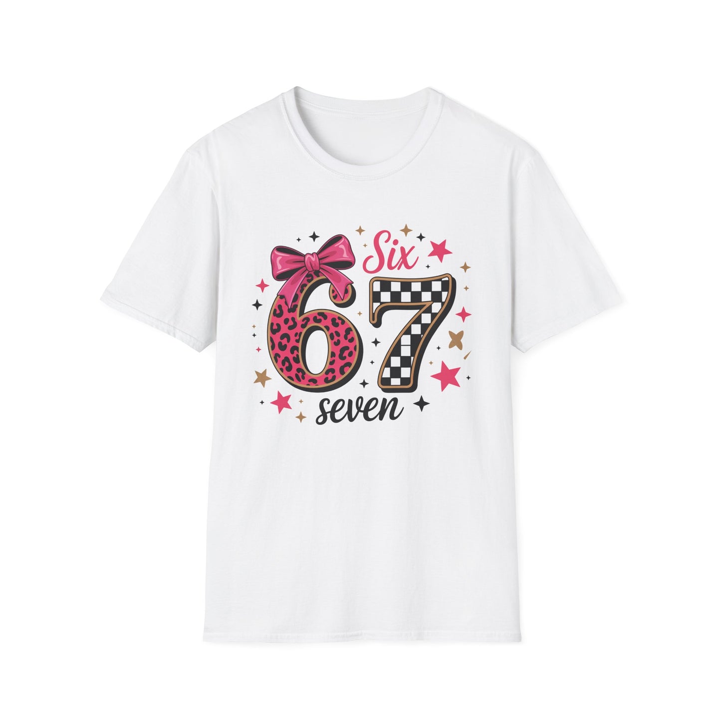 Glam Six & Seven Birthday T-Shirt for Girls | Trendy Pink Leopard Print 6 & 7 Kids Party Tee with Checkerboard & Sparkly Bow