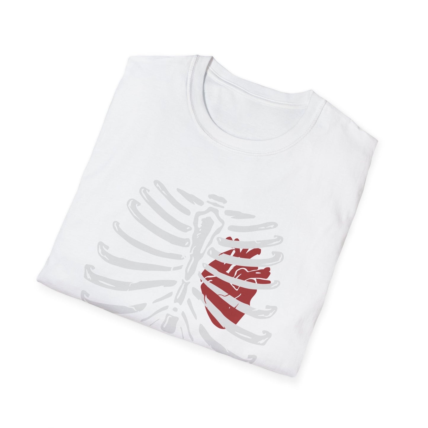Striking "Live In Death" Skeleton Rib Cage & Red Heart T-Shirt | Unique Anatomical Goth Tee | Deep Meaning Statement Apparel