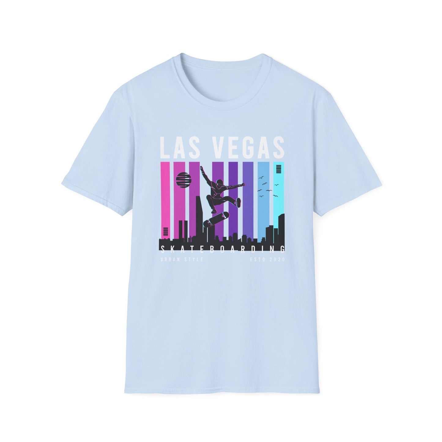 Dynamic Neon Skater T-Shirt | Urban City Skyline Streetwear Tee | Vibrant Skateboarding Style Apparel for All