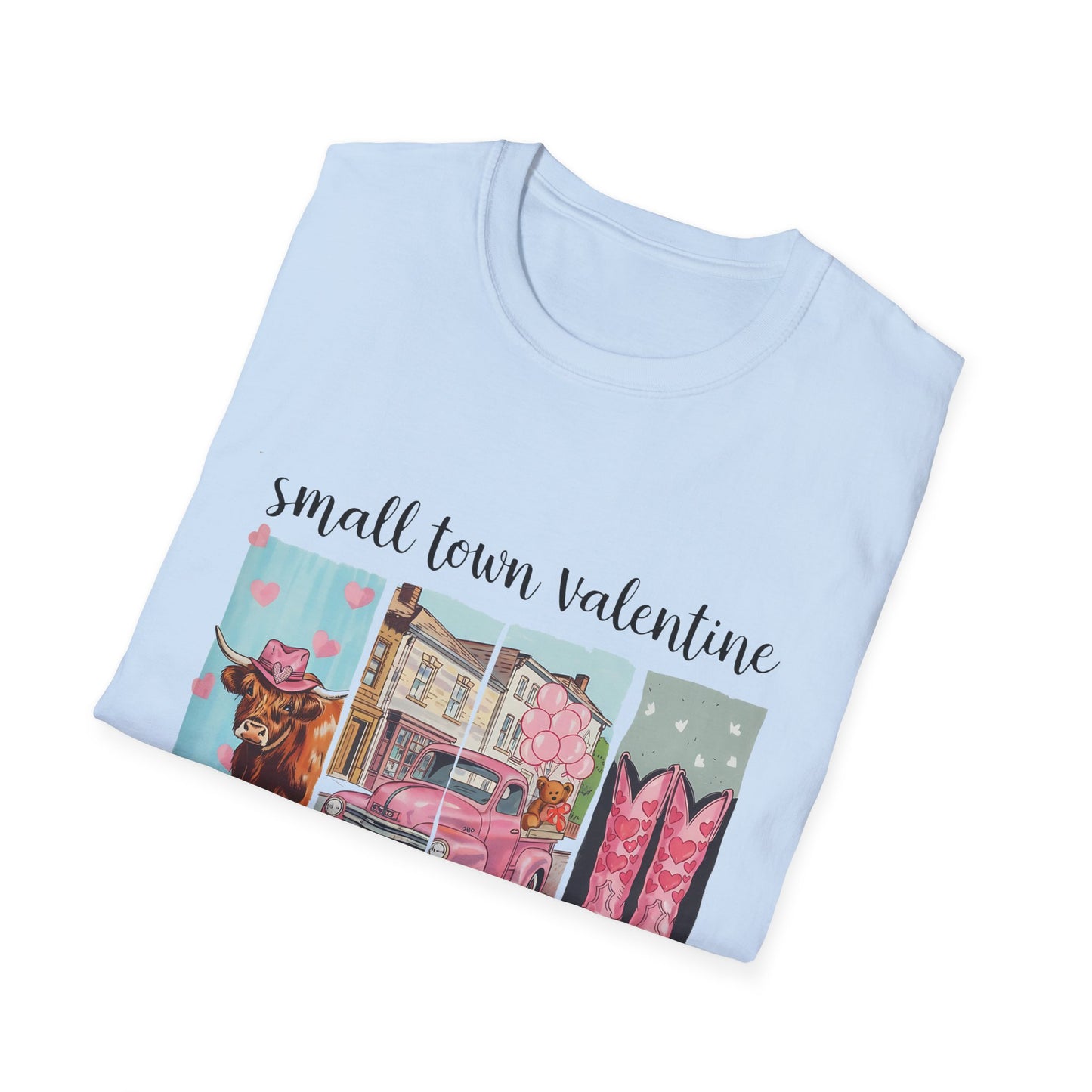 Charming Small Town Valentine T-Shirt | Cute Highland Cow, Pink Truck & Cowboy Boots | Adorable Romantic Gift for Her