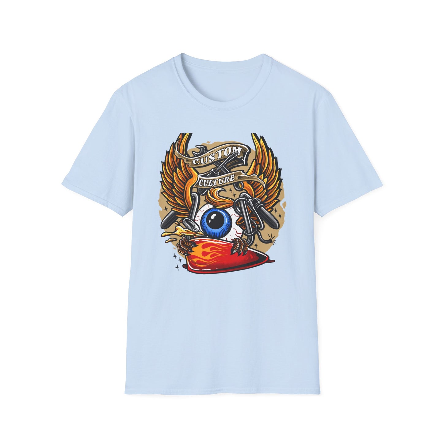 Epic Custom Culture T-Shirt | Bold Flaming Eye & Biker Wings Design | Unleash Your Rebel Spirit - Hot Rod Tee