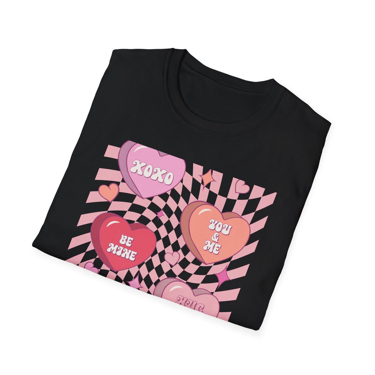 Groovy Conversation Hearts T-Shirt | Y2K Aesthetic Wavy Checkerboard Valentine's Day Tee | Adorable Retro Love Gift