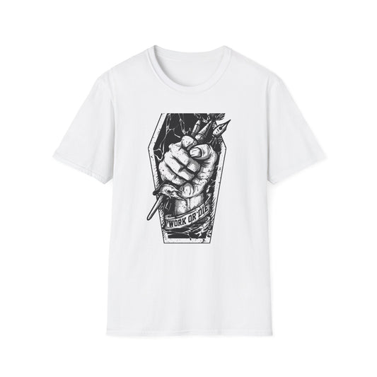 Unleash Creative Hustle: "Work or Die" Artist T-Shirt - Bold Grunge Art & Design Statement Tee
