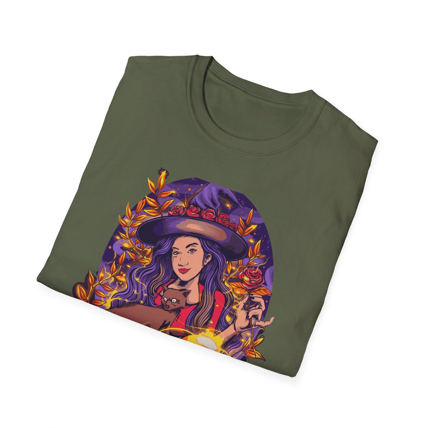 Enchanting Mystical Witch T-Shirt | Women's Fantasy Magic Tee with Cat, Crystal Ball & Roses | Awesome Gift