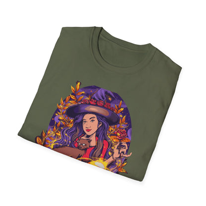 Enchanting Mystical Witch T-Shirt | Women's Fantasy Magic Tee with Cat, Crystal Ball & Roses | Awesome Gift