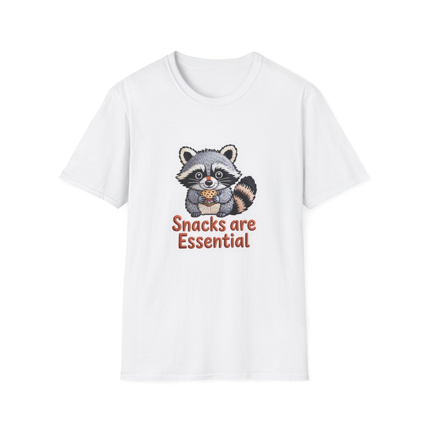 "Snacks are Essential" Raccoon T-Shirt | Cute Foodie Animal Lover Tee | Funny & Cozy Gift for Snack Addicts