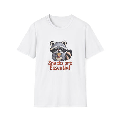 "Snacks are Essential" Raccoon T-Shirt | Cute Foodie Animal Lover Tee | Funny & Cozy Gift for Snack Addicts