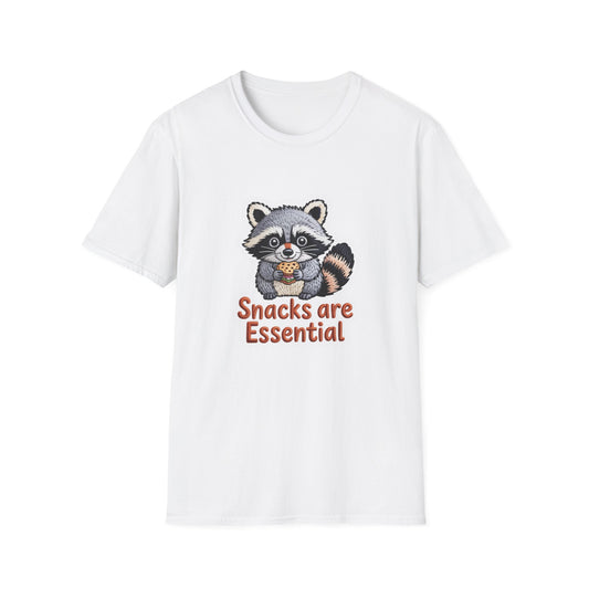 "Snacks are Essential" Raccoon T-Shirt | Cute Foodie Animal Lover Tee | Funny & Cozy Gift for Snack Addicts