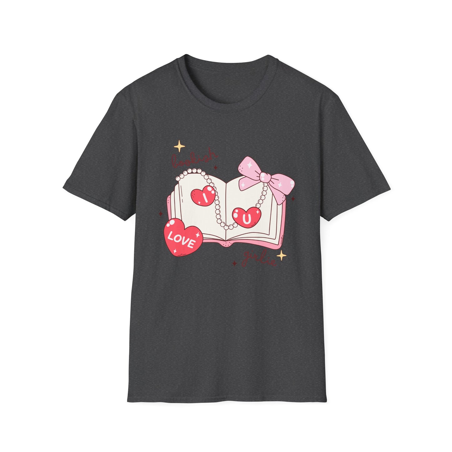 Sweet Bookish Girlie T-Shirt: 'I Love You' Hearts, Pearl Necklace & Pink Bow Design | Perfect Romantic Gift for Book Lovers