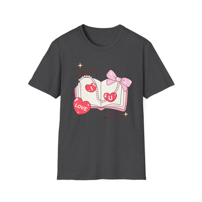 Sweet Bookish Girlie T-Shirt: 'I Love You' Hearts, Pearl Necklace & Pink Bow Design | Perfect Romantic Gift for Book Lovers