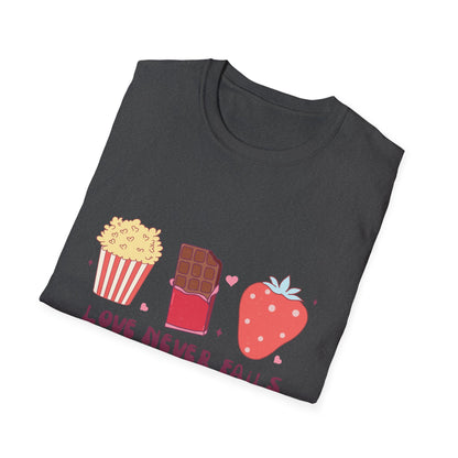 Delicious Retro Love Never Fails T-Shirt - Popcorn, Chocolate, Strawberry Snack Tee for Foodies & Romantics