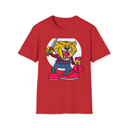 Fierce Tiger Hustler T-Shirt: Bold Roaring Gangster Streetwear Graphic Tee with Knife & Money Bag