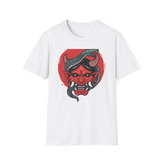Fierce Hannya Mask & Snake T-Shirt - Striking Japanese Folklore Tattoo Art Tee | Bold Cultural Statement