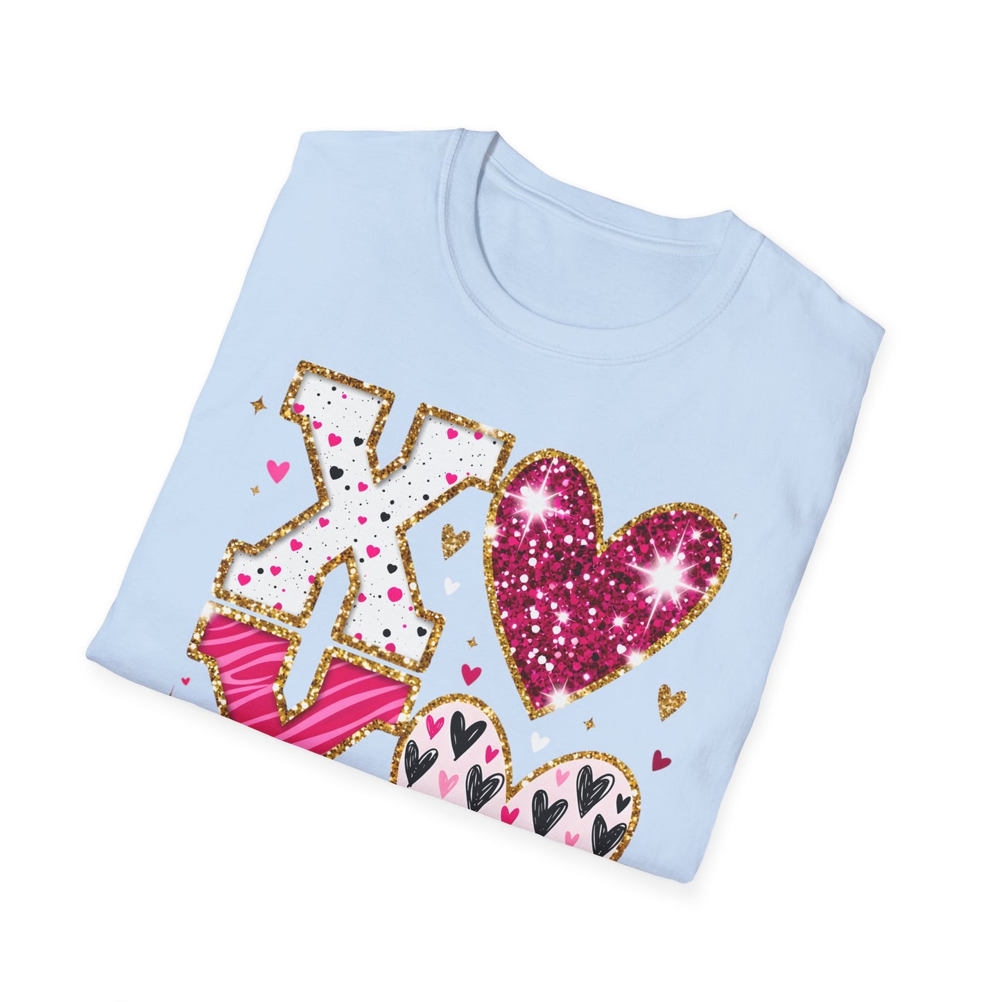 Sparkly XO Hearts T-Shirt | Adorable Pink Glitter Valentine's Day & Love Tee for Her | Hugs Kisses Style