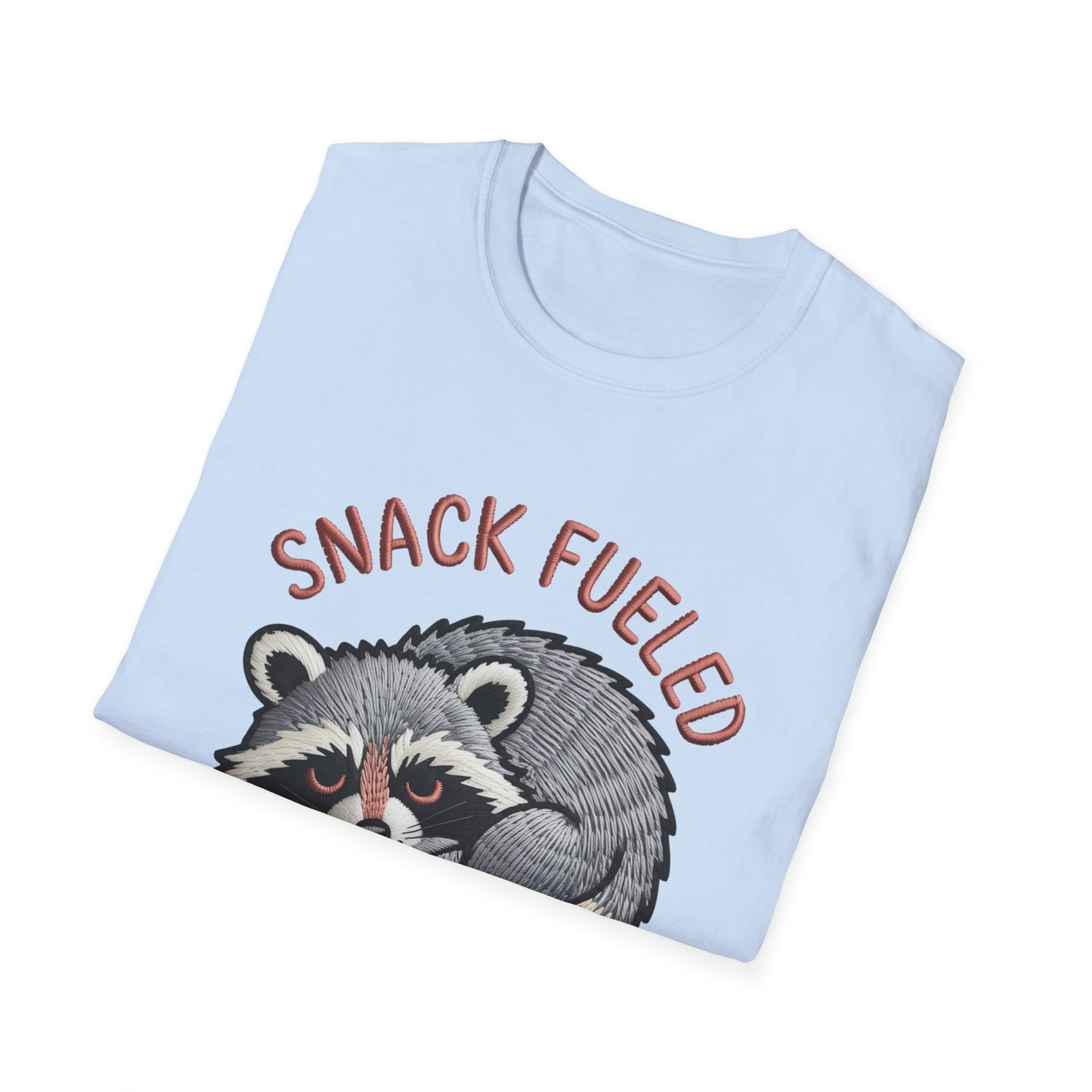 Adorable "Snack Fueled" Raccoon T-Shirt | Funny Embroidered Wildlife Tee for Animal Lovers | Cute & Cozy Gift