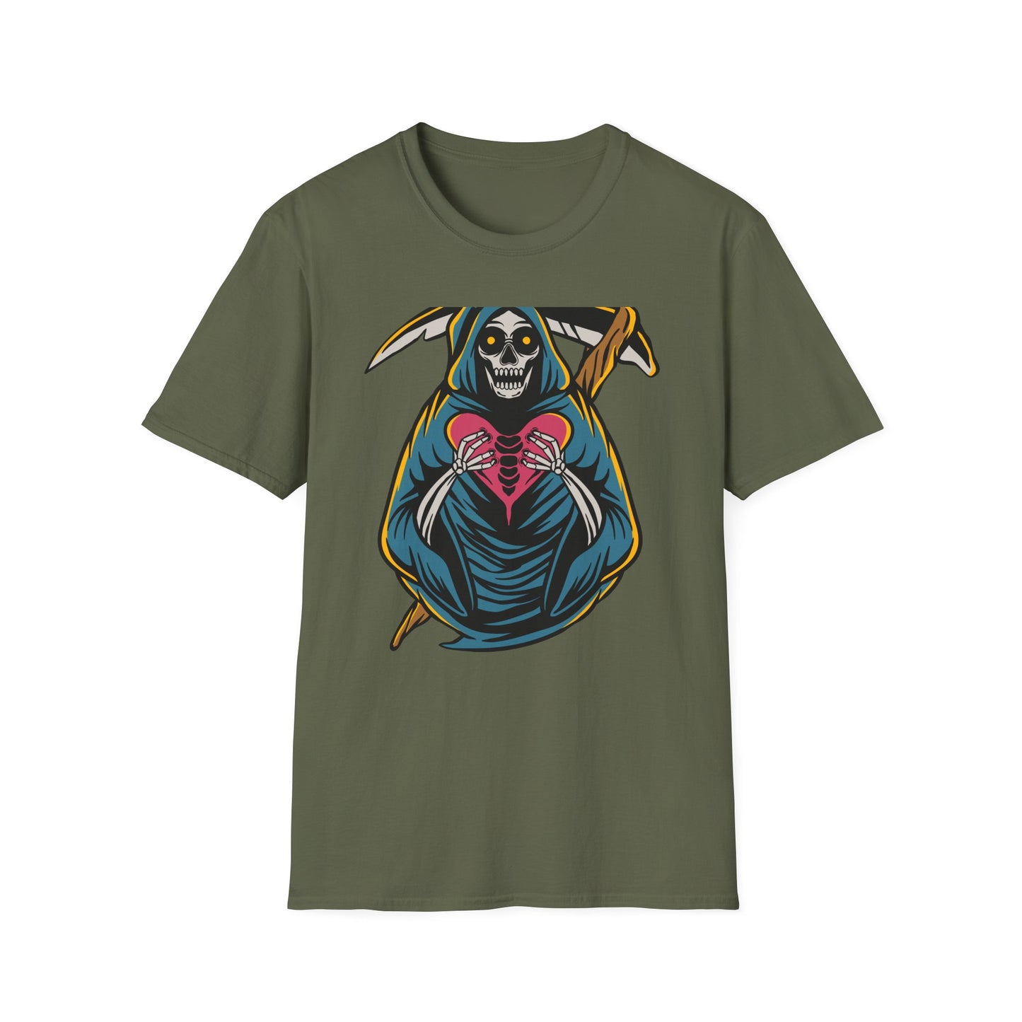 Bold Grim Reaper Heart T-Shirt | Unique Gothic Skeleton Love Tee | Edgy Macabre Statement Apparel