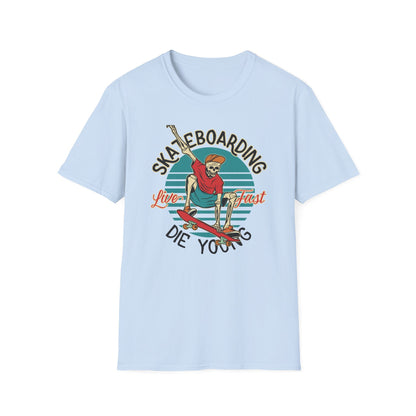 Vintage Skateboarding Skeleton T-Shirt | "Live Fast Die Young" Retro Skater Tee for Edgy Style