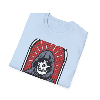 Bold Pop Art Skeleton T-Shirt: Hooded Grim Reaper with Rosary - Unique Gothic Alt Style Tee