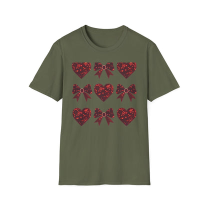 Dazzling Sparkle Hearts & Bows T-Shirt | Chic Glitter Love Tee for Women | Radiant Valentine's Day Gift