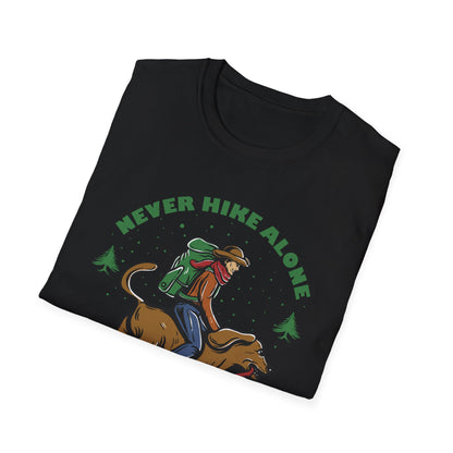 Never Hike Alone T-Shirt | Epic Hiker & Dog Lover Tee for Outdoor Adventures | Companion Goal Shirt Gift