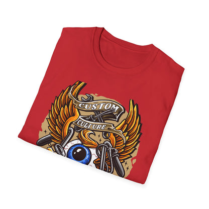 Epic Custom Culture T-Shirt | Bold Flaming Eye & Biker Wings Design | Unleash Your Rebel Spirit - Hot Rod Tee