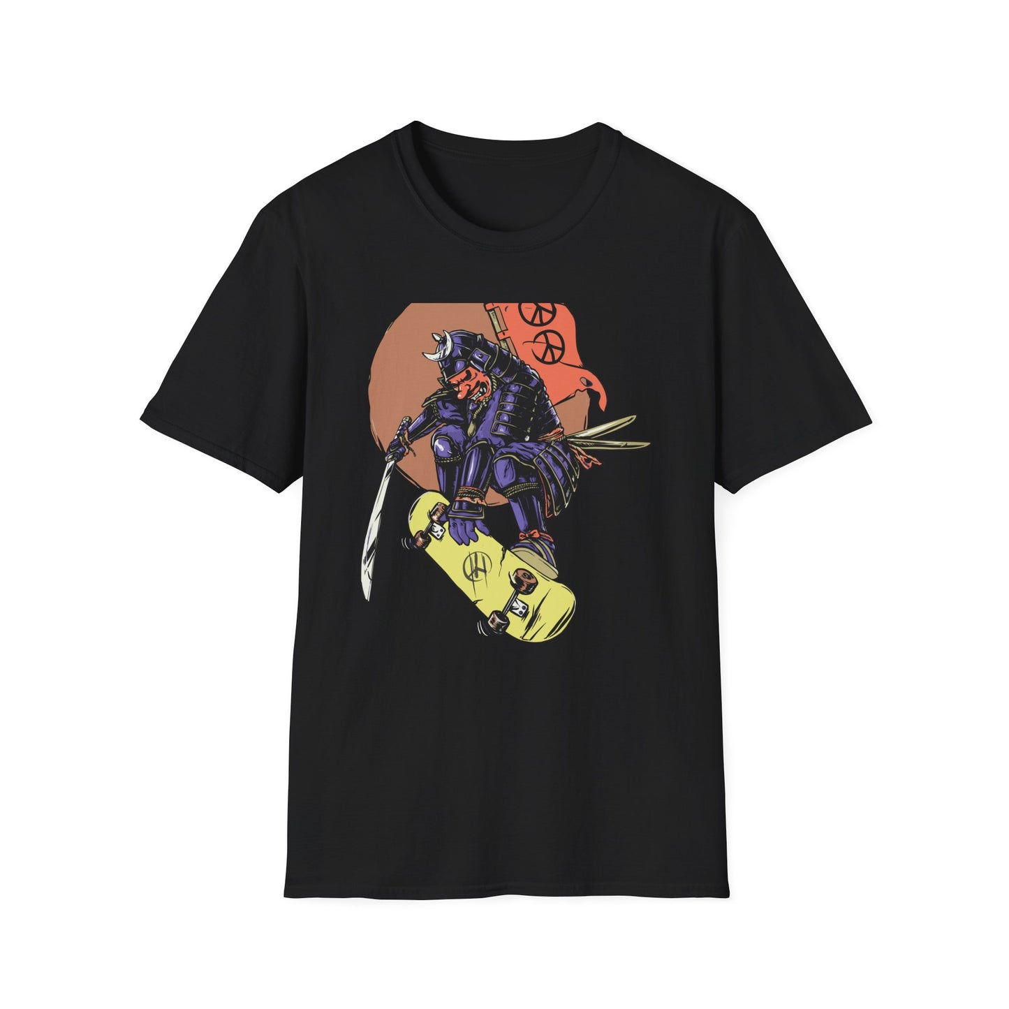 Bold Samurai Skater T-Shirt | Epic Japanese Warrior on Skateboard with Peace Sign Graphic Tee