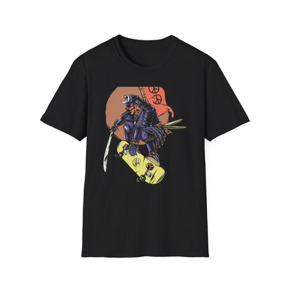 Bold Samurai Skater T-Shirt | Epic Japanese Warrior on Skateboard with Peace Sign Graphic Tee