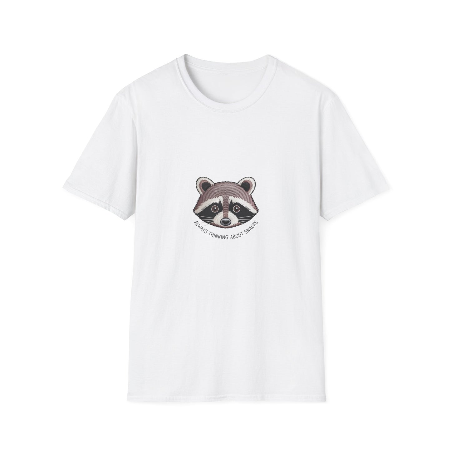 Hilarious Raccoon "Always Thinking About Snacks" Embroidered T-Shirt | Adorable Animal Lover Gift Tee