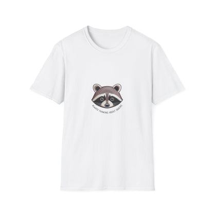 Hilarious Raccoon "Always Thinking About Snacks" Embroidered T-Shirt | Adorable Animal Lover Gift Tee