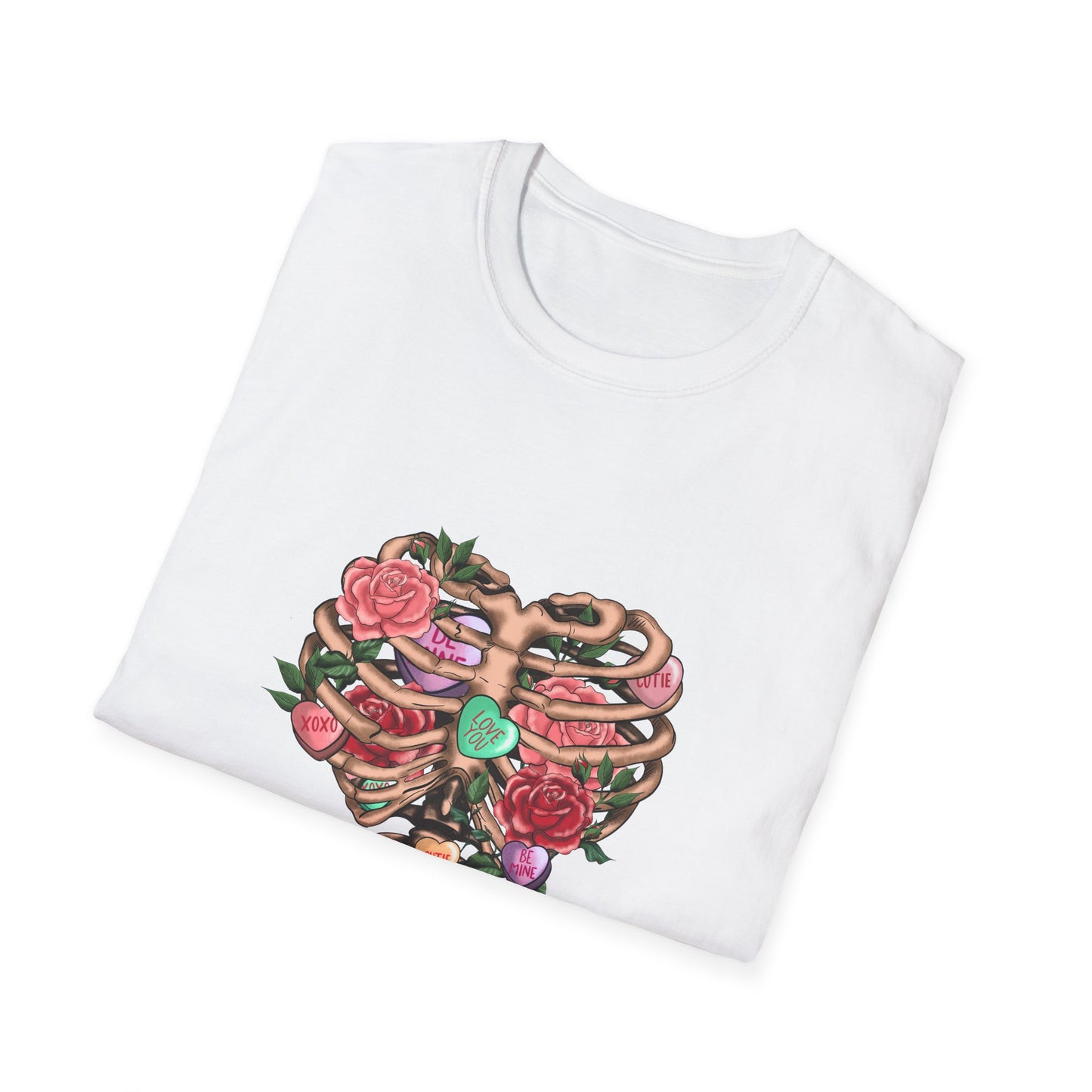 Captivating Anatomical Love Rib Cage T-Shirt - Edgy Floral Valentine's Day Conversation Hearts Tee for Unique Romance