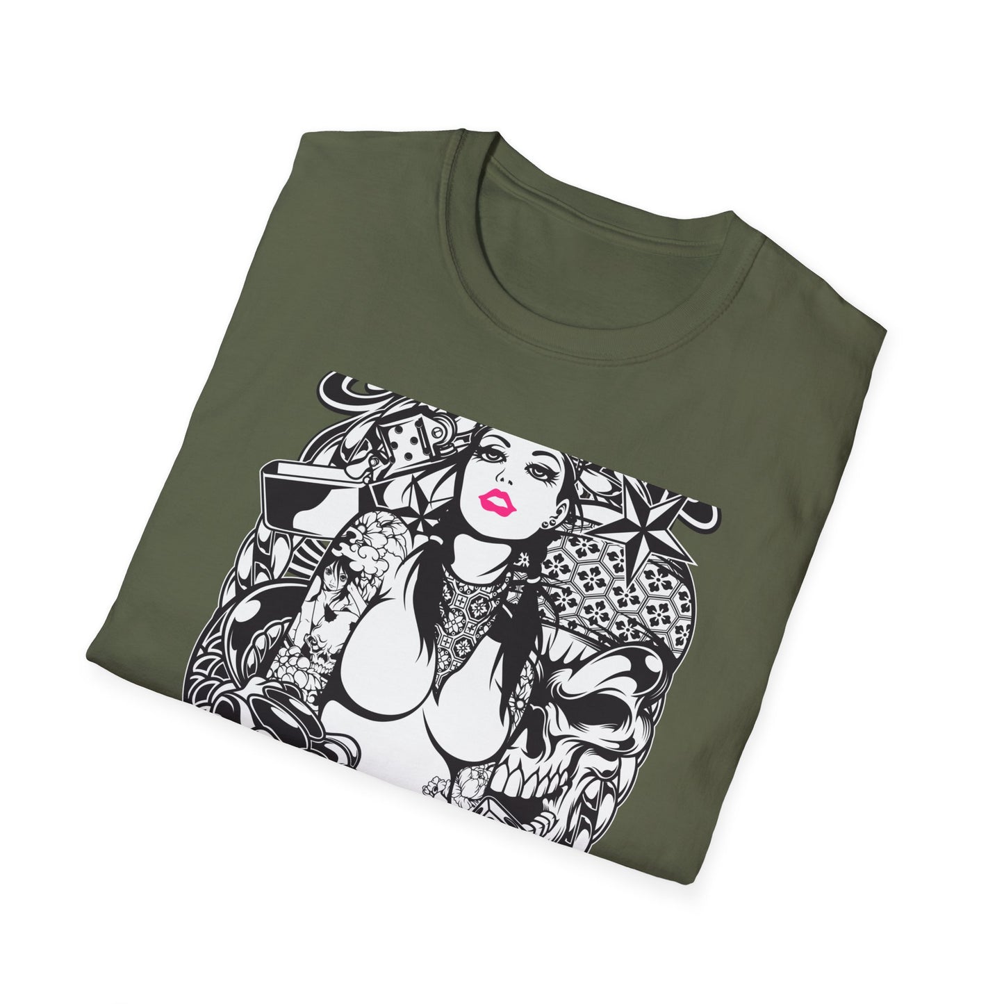 Bold Tattoo Girl & Skull Graphic T-Shirt | Edgy Urban Streetwear | Dice & Star Statement Tee - Unleash Your Rebel Style!