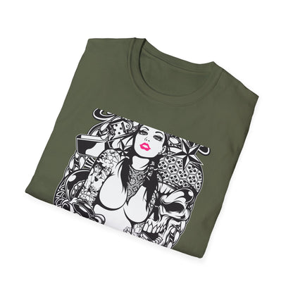 Bold Tattoo Girl & Skull Graphic T-Shirt | Edgy Urban Streetwear | Dice & Star Statement Tee - Unleash Your Rebel Style!